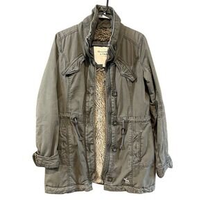 Abercrombie & Fitch‎ bomber faux fur lined Green Drawstring Parka Jacket VTG y2k